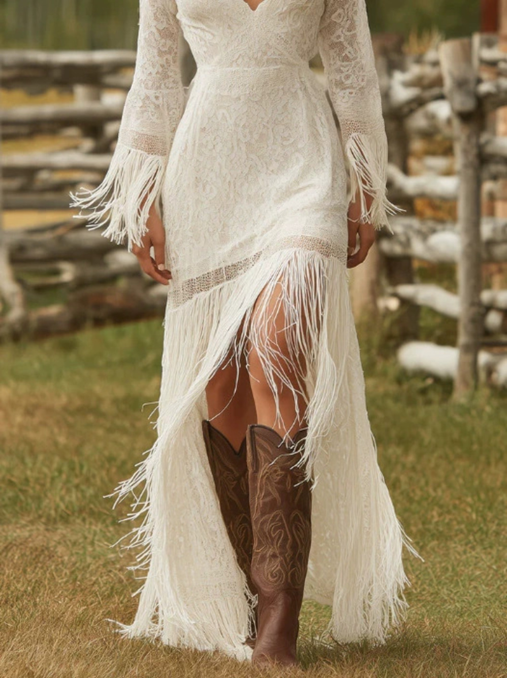 Vintage White Lace Collar Long Sleeve Fringe High Low Dress